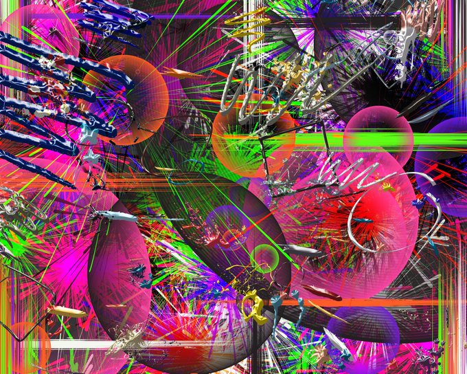 A chaotic, colorful abstract digital artwork filled with pink spheres, neon green and magenta lines, and metallic 3D elements creating a frenetic composition.