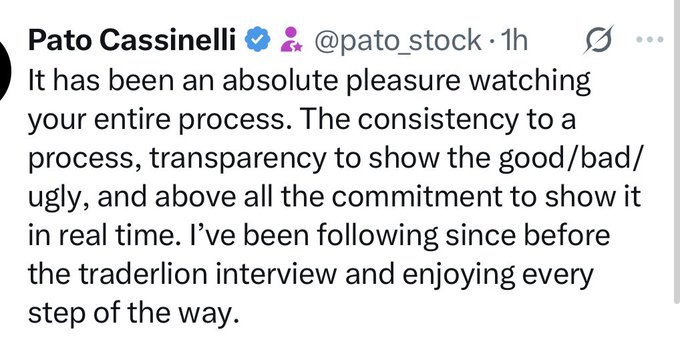 A tweet from Pato Cassinelli (@pato_stock) praising a process for its consistency, transparency, and real-time commitment, mentioning he has been following since before the traderlion interview.