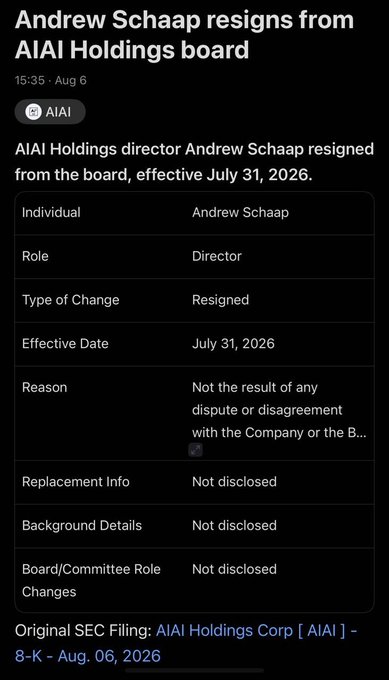 A news article snippet titled "Andrew Schaap resigns from AIAI Holdings board" posted 15:35 on Aug 6, listing details including Role: Director, Type of Change: Resigned, Effective Date: July 31, 2026, with Reason and Replacement Info marked as "Not disclosed."