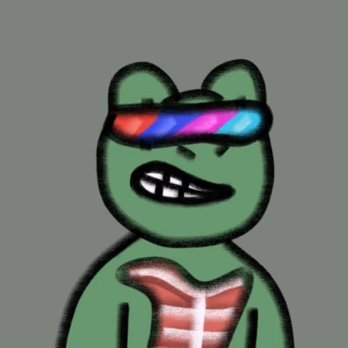 A drawing of a green, cartoon-like bear or frog character wearing a pink bikini top and a pair of futuristic, rainbow-reflective VR goggles over its eyes.