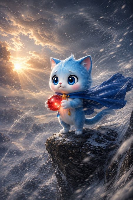 A digital illustration of an adorable blue cartoon kitten wearing a cape, holding a glowing red orb while standing on a snowy cliff edge with the sun behind it.