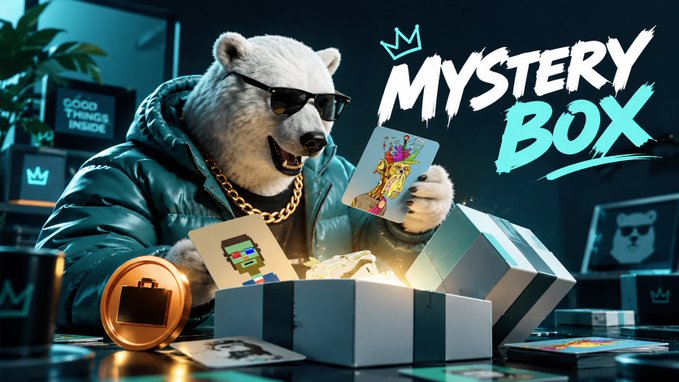 A white bear wearing sunglasses and a green puffer jacket unwraps a glowing "MYSTERY BOX" revealing collectibles like a pixel-art card and golden coin. The text "MYSTERY BOX" appears prominently in the upper right, visually echoing the post's discussion of $MNTD's community allocation rewards pool tied to raffles, airdrops, and ecosystem incentives.