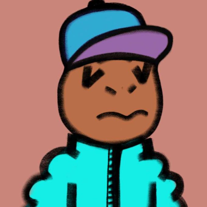 A cartoon-style illustration depicts a stern-looking character wearing a blue and purple cap and a cyan jacket against a muted brown background.