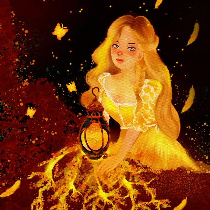 Digital illustration of a girl with long flowing golden-blonde hair wearing a yellow dress, holding a glowing lantern, surrounded by yellow butterflies and golden particles in a warm, magical setting.