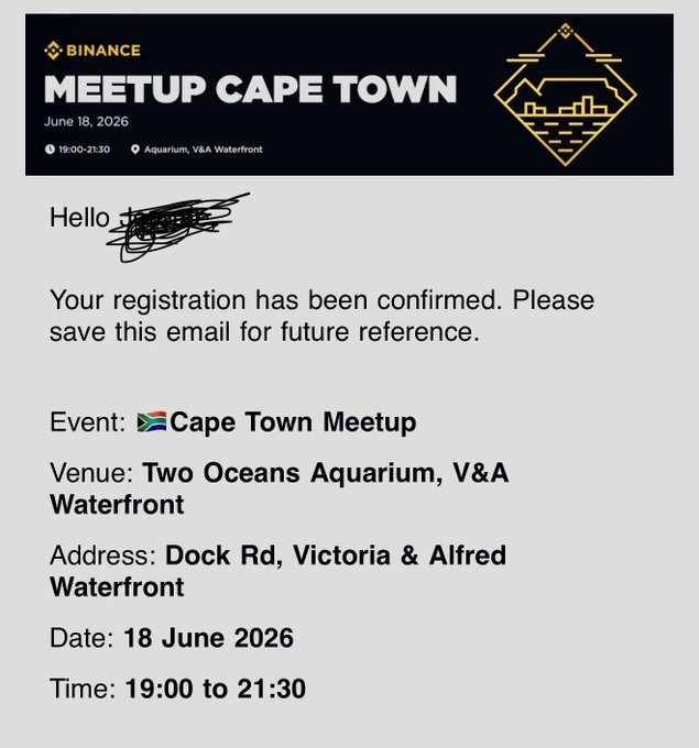 The image shows a screenshot of an email from a participant at a networking meetup, which is scheduled for June 18th at 17:30. The email includes information about the meeting location (meeting up Cape Town) and invites the attendee to connect with other participants or discuss specific topics related to cryptocurrency. A few other participants are also present in the image's description of the event.