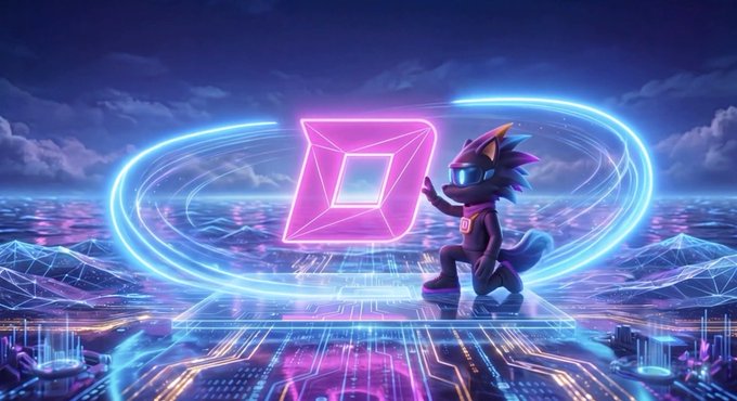 ursa, a character from the video game "URSAC", stands on a floating platform amidst futuristic cityscape and neon blue clouds.