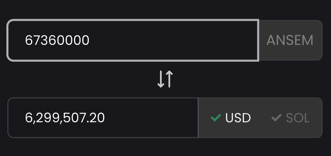 The image shows a token swap interface displaying 67,360,000 $ANSEM tokens being exchanged for approximately $6,299,507.20 USD, visually confirming the post's claim that Ansem's 67.3 million $ANSEM airdrop is currently valued at around $6.3 million.