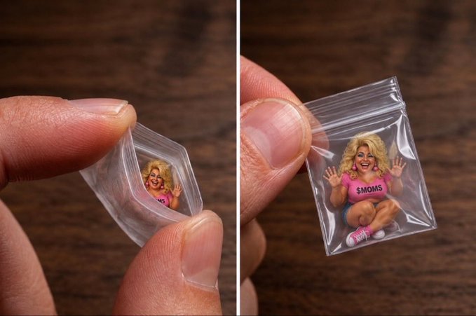 Tiny miniature figurine of a blonde person in a pink shirt inside a small plastic zip bag held between fingers, with text "$MOMS" on the shirt.