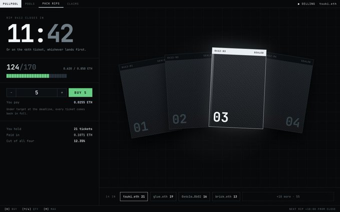 A dark-themed website screenshot for 'POLKAPOOL' showing an RTP draw countdown at '11:42', ticket purchase information, and four card graphics with '01', '02', '03', and '04' numbers.