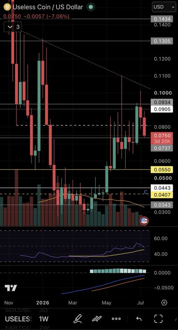 A TradingView candlestick chart of USELESS/USDC (Useless Coin) showing a 7.06% decline, with the price hovering around 0.0750 amid high volatility.