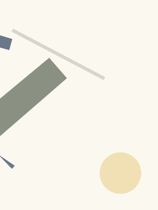 A minimalist abstract artwork featuring geometric shapes including a gray diagonal line, a green rectangular form, a small blue square, a dark triangle, and a pale yellow circle arranged on a cream-colored background.