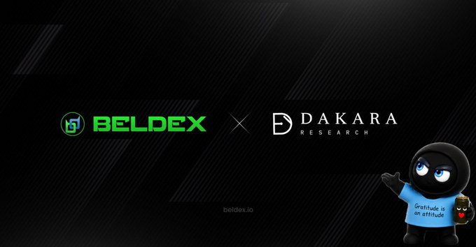 Promotional graphic featuring Beldex and Dakara Research logos with an 'x' between them, and a small ninja mascot character wearing a shirt that reads 'Gratitude is an attitude.'
