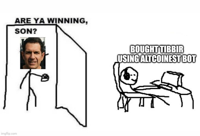 The meme shows a "Are Ya Winning, Son?" template where a stick figure father peeks in to ask his son, labeled "Bought $TIBBIR Using Altcoinest Bot," how his trading is going—tying into the post's suggestion to use a TWAP strategy to acquire the $TIBBIR token.