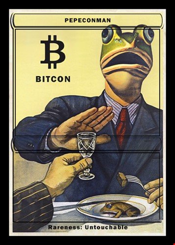 A Pepe-themed trading card titled 'PEPECONMAN BITCON' featuring Pepe the Frog in a suit refusing a drink, with 'Rareness: Untouchable' at the bottom.