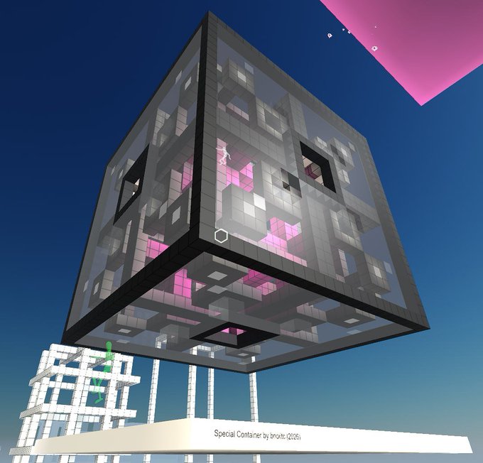 A Minecraft build featuring a large floating transparent cube containing a complex structure of pink and grey blocks, with text below reading 'Special Container by bronzic (2025)'.