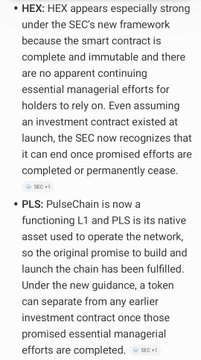 Text discussing HEX and PulseChain investment contracts, noting the SEC may cease efforts if contracts are complete or holders rely on them.