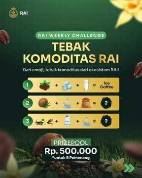 An RAI Weekly Challenge graphic asks users to guess three commodity combinations from Coffee, Coconut, and Vanilla, with rows of ingredient icons, numbers 1–3, and “PRIZEPOOL Rp. 500.000 untuk 5 pemenang” (Rp 500,000 for 5 winners). It promotes the RAI ecosystem and directs participants to follow @raitokenio to join.