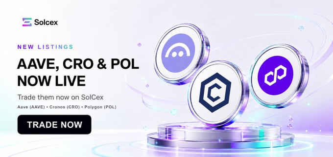 A promotional banner from SolCex announcing new crypto listings—AAVE, CRO, and POL—featuring 3D metallic tokens for each displayed above a glowing purple platform, with a "TRADE NOW" call-to-action button. The image visually reinforces the post's announcement by showcasing the three newly available trading pairs (AAVE/USDT, CRO/USDT, POL/USDT) on SolCex.