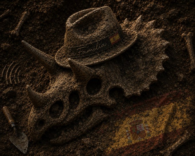 A weathered fedora with the text "La Familia" rests atop a horned dinosaur skull partially buried in dirt, alongside bones, a trowel, and a Spanish flag, evoking a fossil dig scene that nods to the "dinosaurios en solana" theme.