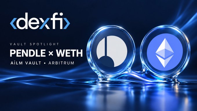A blue promotional banner for 'dexfi' advertises a 'VAULT SPOTLIGHT: PENDLE x WETH' on the AiLM VAULT • ARBITRUM, featuring glowing 3D circular icons with the Pendle and Ethereum logos.