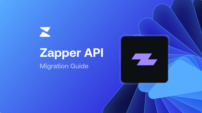 A promotional banner with a blue gradient background featuring a stylized "Z" logo and the text "Zapper API Migration Guide," visually representing the transition from Zapper's API to Zerion as an official migration partner.