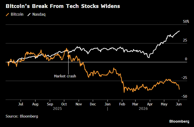 In the image, there's a chart with an orange line that shows Bitcoin's value increasing by 50% while another line shows the market crash falling by 25%. The chart also displays a gap of 10 points between these two lines. The image suggests that the Bitcoin market is experiencing a significant price increase compared to other markets or financial instruments such as bonds, which is a noteworthy opportunity for investors who are interested in Bitcoin and other cryptocurrencies.