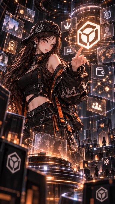 An anime-style illustration of a woman in a black streetwear outfit and cap interacting with glowing hexagonal and cube-shaped holographic icons in a futuristic cityscape setting.