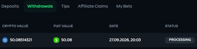 A screenshot of the Gamdom "Withdrawals" tab showing a single pending transaction of 50.08514321 USDC (valued at $50.08) dated 27.09.2026, 20:03, with the status marked as "PROCESSING." This illustrates the user's post about growing their balance from $5 to $50 on the platform.