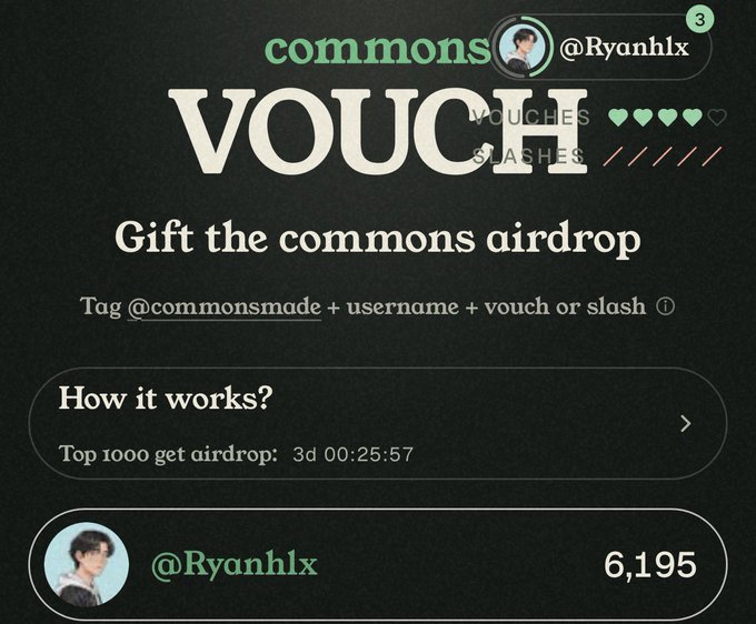 A screenshot of a 'VOUCH' app showing a user @Ryanhlx with 6,195 points, a commons airdrop feature, and a countdown of 3d 00:25:57 for the top 1000 to get an airdrop.
