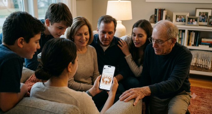 A multi-generational family gathered in a living room, looking at a smartphone displaying an image while an elderly man in glasses looks on.