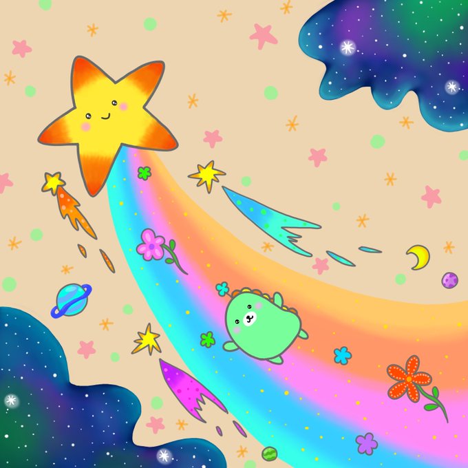 A cute kawaii-style illustration featuring a smiling orange star shooting a rainbow trail across a pastel sky, with a small green dinosaur character riding on it. Decorated with planets, flowers, and colorful cosmic splatters.