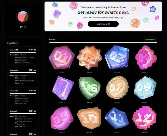 The image displays a "Soneium Score" profile showing a user named "glue" with a 100/100 score across all 12 seasons, along with a collection of 12 completed colorful badges labeled "Season 1" through "Season 12" and a banner announcing "Get ready for what's next." The Sidebar details the specific bonus tasks completed for each season, such as "StarLize app," "Pocket Knights," and "Superstake," visually confirming the user's claim of completing all 12 seasons of the Soneium Score program.