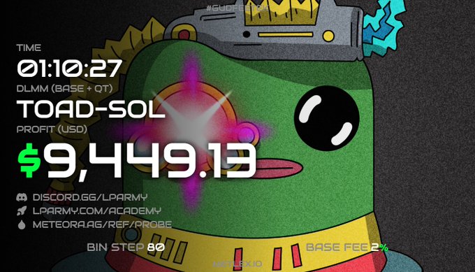 A digital graphic featuring a green cartoon character (Toad-Sol) wearing a crown and sunglasses, with trading statistics including TIME '01:10:27', 'TOAD-SOL', and 'PROFIT (USD) $9,449.13', along with Discord and website links.