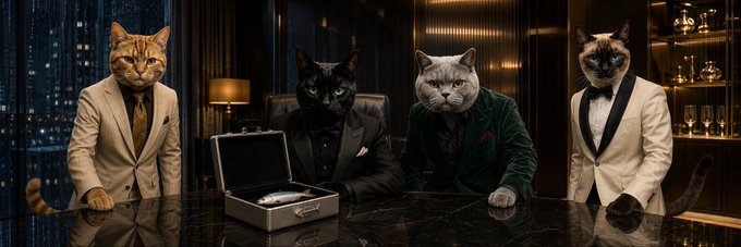 Four cats dressed in formal suits and tuxedos sitting around a polished table in a luxurious setting with a briefcase in the center.