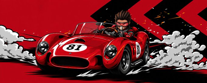 An illustrated image of a racer with goggles driving a red vintage race car bearing the number '81' through stylized clouds against a red and black background.