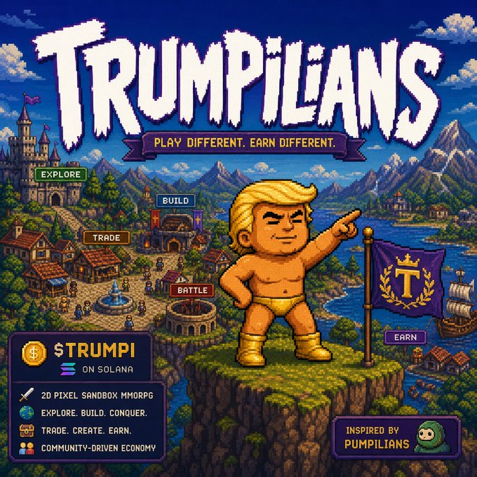The image features a cartoon depiction of a man standing on top of a cliff with a flag flying from his hand. The background shows mountains and buildings, giving the scene a sense of depth and scale. The text "Trumpilians" is prominently displayed at the top of the image, indicating that this is an advertisement for a video game called Trumpilians. The post also mentions that the game is built on Solana, which suggests that it might be a community-driven project or a cooperative game where players can work together to build and explore the digital world.