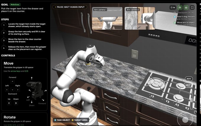 A screenshot of a robotics simulation titled 'RoboCasa', displaying a robot arm in a kitchen environment with step-by-step instructions to 'Pick the target item from the drawer and place it on the counter.'