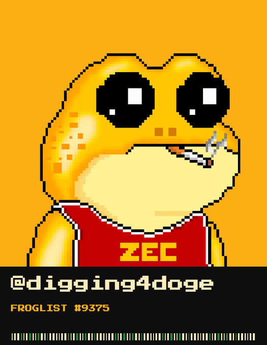 A pixel art style digital collectible on an orange background featuring a yellow frog character in a red tank top with 'ZEC' printed on it, labeled '@digging4doge' with 'FROGLIST #9375' and a barcode at the bottom.