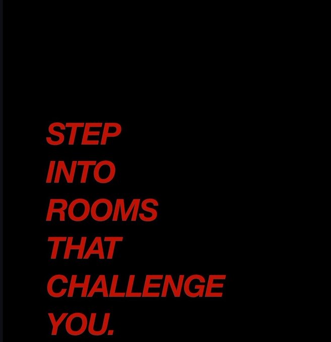 A black background with bold red italic text reading 'STEP INTO ROOMS THAT CHALLENGE YOU.'
