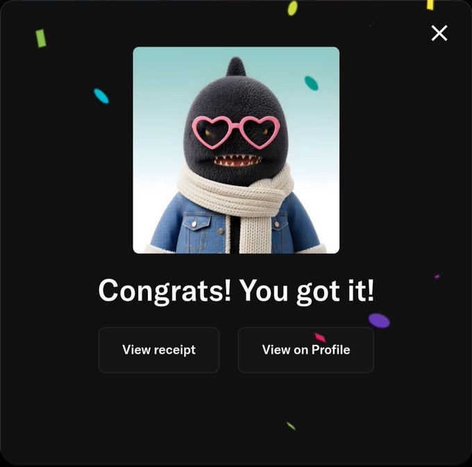 A digital congratulatory screen displays a cartoon character in heart-shaped sunglasses and a scarf with the text 'Congrats! You got it!' along with buttons to 'View receipt' and 'View on Profile'.