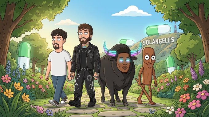 A cartoon scene shows two men, a glowing-eyed bison with neon horns, and a wooden figure walking on a path lined with flowers and giant pills, beneath a "SOLANGELES" sign—matching the post's playful question to @0xEthan about residing in "Solangeles."