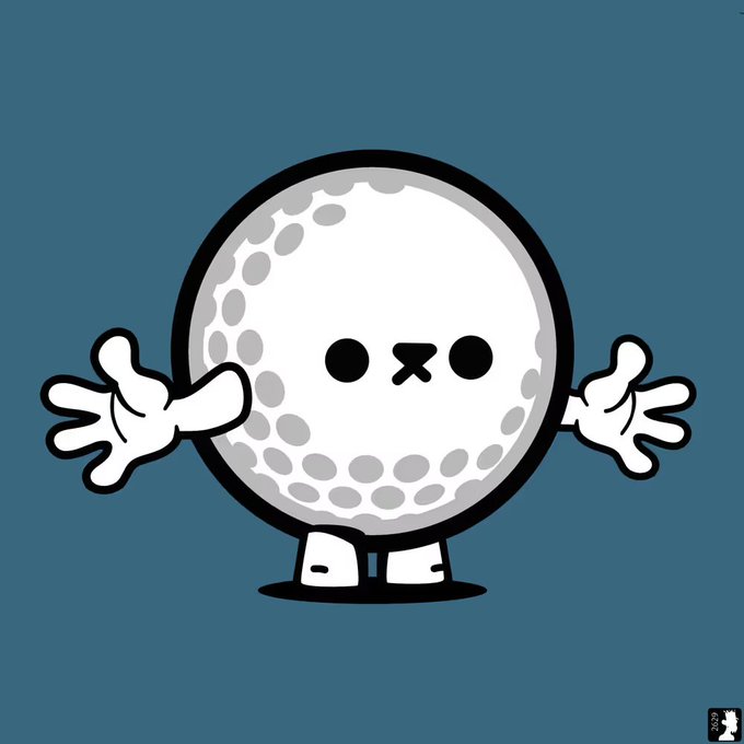 A cartoon illustration of a cute golf ball character with a face, arms, and small legs, standing with its arms outstretched against a teal background.