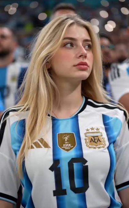 A blonde woman wearing an Argentina national football team jersey with the AFA crest and FIFA World Champions badge, number 10.