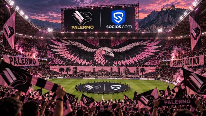 An AI-generated stadium scene showing a massive crowd waving pink and black Palermo soccer flags, with a giant eagle display and a banner reading 'PALERMO' alongside the Socios.com logo.