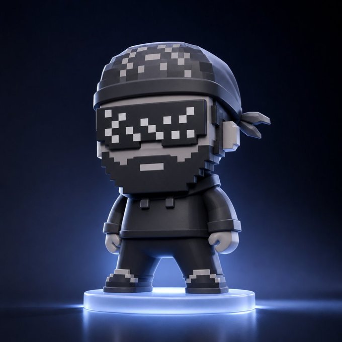 A pixelated, voxel-style figurine of a character wearing a black beanie, 'deal with it' sunglasses, and black clothing, standing on a glowing blue platform.