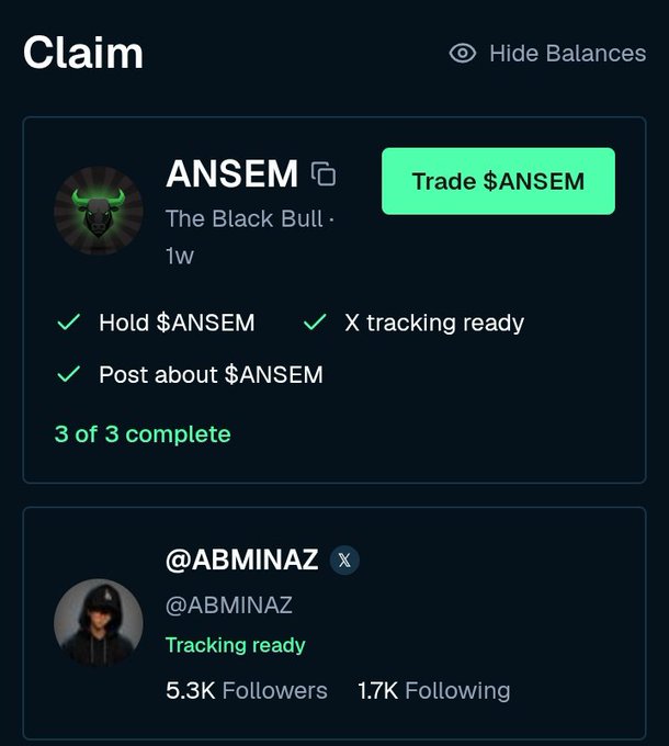 A dark-themed mobile app screen titled 'Claim' showing a completed 3 of 3 tasks to claim $ANSEM ('The Black Bull') with options to hold, post, and track, alongside an @ABMINAZ profile with 5.3K followers.