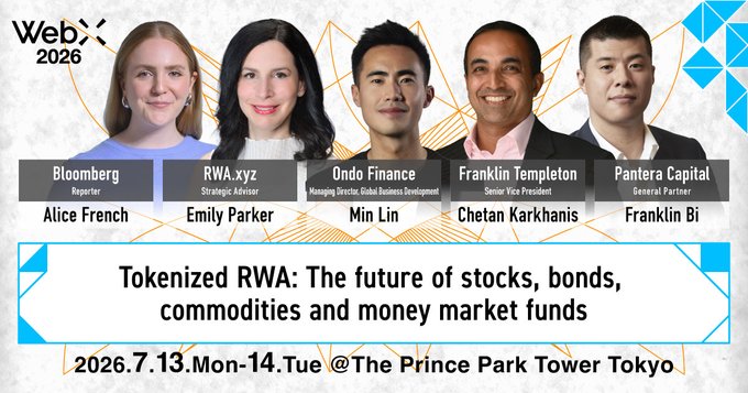 The image is a WebX 2026 promotional graphic for Special Session 4 titled "Tokenized RWA: The future of stocks, bonds, commodities and money market funds," featuring headshots and credentials of five panelists: Alice French (Bloomberg Reporter), Emily Parker (RWA.xyz Strategic Advisor), Min Lin (Ondo Finance, Managing Director, Global Business Development), Chetan Karkhanis (Franklin Templeton, Senior Vice President), and Franklin Bi (Pantera Capital, General Partner), with the event scheduled for July 13–14, 2026, at The Prince Park Tower Tokyo.