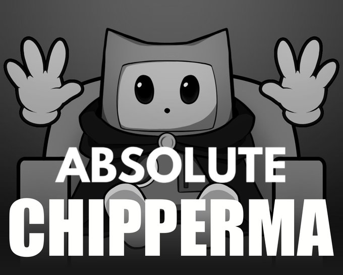 The image features a grayscale cartoon mascot with outstretched arms behind bold text reading "ABSOLUTE CHIPPERMA." The mascot's cheerful pose pairs with the celebratory context of earning a first golden net with 333,333 CULT, emphasizing a proud and excited fishing achievement.