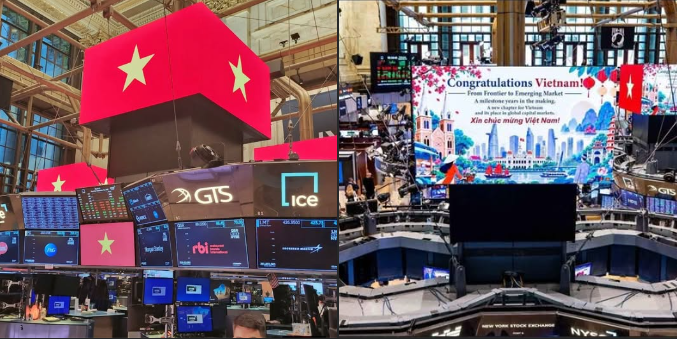 A split image of the New York Stock Exchange (NYSE) trading floor, with the left side showing red star graphics and the right side displaying a banner reading 'Congratulations Vietnam From Frontier to Emerging Market - A milestone yours to the making. From Hanoi to Hanoi. Xin chúc mừng Việt Nam!'