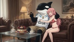 Anime-style illustration showing a pink-haired girl embracing a shark character wearing a shirt labeled 'GroK' in a cozy living room setting.